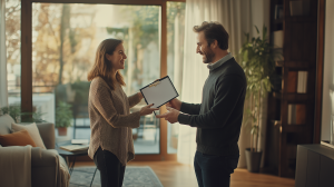 Ein freundlicher Immobilienverwalter schüttelt einem lächelnden Mieter in einer gut eingerichteten Wohnung die Hand. Der Mieter hält ein Klemmbrett mit einem unterschriebenen Mietvertrag in der Hand. Eine warme und einladende Atmosphäre mit modernen Möbeln und großen Fenstern, die den Raum mit natürlichem Tageslicht füllen. Ultrarealistisches Foto, aufgenommen mit einer Canon R5 bei Tageslicht