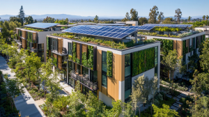 Ein moderner, umweltfreundlicher Apartmentkomplex mit Sonnenkollektoren auf dem Dach, üppiger grüner Landschaft und energieeffizienten Fenstern. Ein Immobilienprofi präsentiert einer kleinen Gruppe von Investoren nachhaltige Immobilienlösungen. Der Hintergrund zeigt einen klaren blauen Himmel und eine blühende städtische Umgebung. Ultrarealistisches Foto, aufgenommen mit einer Canon R5