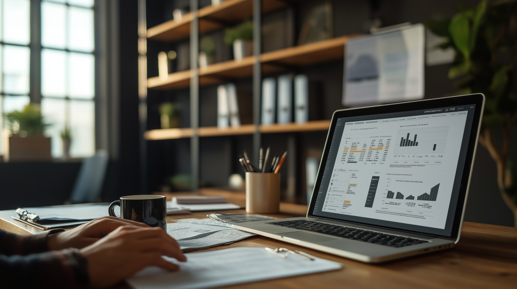 Ein professioneller Immobilienmanager prüft Finanzdokumente, Mietverträge und Spesenabrechnungen in einem modernen Büro. Auf dem Schreibtisch steht ein Laptop mit Grafiken und Diagrammen, daneben steht eine Tasse Kaffee. Im Hintergrund befinden sich Regale mit geordneten Immobilienakten und ein großes Fenster mit natürlichem Tageslicht