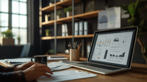 Ein professioneller Immobilienmanager prüft Finanzdokumente, Mietverträge und Spesenabrechnungen in einem modernen Büro. Auf dem Schreibtisch steht ein Laptop mit Grafiken und Diagrammen, daneben steht eine Tasse Kaffee. Im Hintergrund befinden sich Regale mit geordneten Immobilienakten und ein großes Fenster mit natürlichem Tageslicht