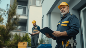 Ein Immobilieninstandhaltungsexperte inspiziert ein Mehrfamilienhaus. Er trägt eine Berufsuniform und hält ein Klemmbrett in der Hand, auf dem er notwendige Reparaturen notiert. Im Hintergrund repariert ein Wartungsarbeiter ein Rohr, in der Nähe ist ein Werkzeugkasten zu sehen. Die Umgebung ist mit natürlichem Tageslicht gut ausgeleuchtet. Ultrarealistisches Foto, aufgenommen mit einer Canon R5 bei Tageslicht